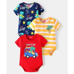Babyhug 100% Cotton Knit Half Sleeves Dino Printed Onesies  Pack of 3 - Red Yellow & Navy