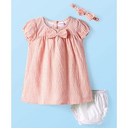 Babyhug Woven Half Puffed Sleeves Checkered Frock with Bloomer Headband & Bow Applique - Peach