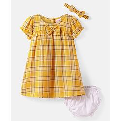 Babyhug Viscose Woven Half Puffed Sleeves Checkered Frock with Bloomer Headband & Bow Applique - Yellow
