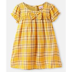 Babyhug Viscose Woven Half Puffed Sleeves Checkered Frock with Bloomer Headband & Bow Applique - Yellow