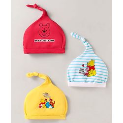 Babyhug Disney Interlock Knit Knot Caps with Stripes & Winnie the Pooh Graphics Pack of 3 Red Blue & Yellow - Diameter 17 cm