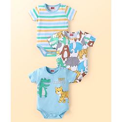 Babyhug Interlock Knit Half Sleeves Onesies With Animal & Dino Print Pack of 3 - Blue & White