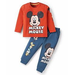 Babyhug Disney  Single Jersey Knit Full Sleeves T-Shirt & Lounge Pants Set With Mickey Mouse & Friends Graphics -  Rust Orange & Blue