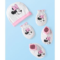 Babyhug Disney Interlock Knit Cap Mittens & Booties Set with Minnie Mouse Graphics - Pink