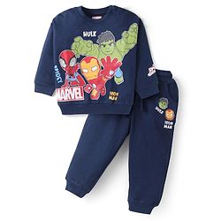 Babyhug Marvel Terry Knit Full Sleeves T-Shirt & Lounge Pant Set With Avengers Graphics - Navy Blue