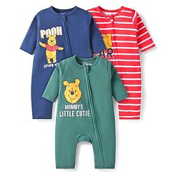 Babyhug Disney Interlock Knit Full Sleeves Rompers with Winnie the Pooh Graphics Pack of 3 - Red Green & Blue