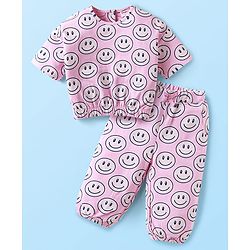 Babyhug Terry Knit Half Sleeves T-Shirt & Lounge Pants Set with Smiley Prints - Pink