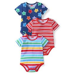 Babyhug 100% Cotton Knit Half Sleeves Onesies with Stripes & Star Design Pack of 3 - Navy Blue & Red