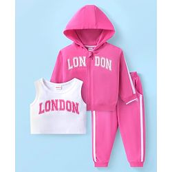 Babyhug Terry Knit Full Sleeves Text Print Hooded  Sweat Jacket & Taped Lounge Pant with Inner T-Shirt - Pink & White