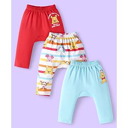 Babyhug Disney Interlock Knit Full Length Diaper Leggings with Winnie & Friends Graphic Pack of 3 - Light Blue White & Red