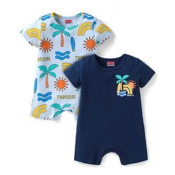 Babyhug 100% Cotton Knit Half Sleeves Rompers with Tropical Beach Theme Print Pack of 2 - Light & Navy Blue