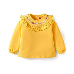 Babyhug Cotton Knit Full Sleeves Top with Floral Embroidery & Frill Detailing - Yellow