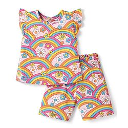 Babyhug  Single Jersey Knit Frill Sleeves Capri Night Suit With Floral & Rainbow Print - Pink