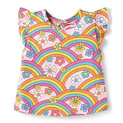 Babyhug  Single Jersey Knit Frill Sleeves Capri Night Suit With Floral & Rainbow Print - Pink