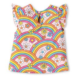 Babyhug  Single Jersey Knit Frill Sleeves Capri Night Suit With Floral & Rainbow Print - Pink