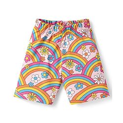 Babyhug  Single Jersey Knit Frill Sleeves Capri Night Suit With Floral & Rainbow Print - Pink