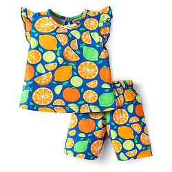 Babyhug Cotton Knit Single Jersey Frill Sleeves Capri Night Suit With Citric Fruits Print - Navy Blue & Green