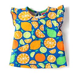 Babyhug Cotton Knit Single Jersey Frill Sleeves Capri Night Suit With Citric Fruits Print - Navy Blue & Green