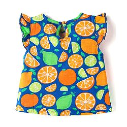 Babyhug Cotton Knit Single Jersey Frill Sleeves Capri Night Suit With Citric Fruits Print - Navy Blue & Green