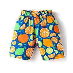 Babyhug Cotton Knit Single Jersey Frill Sleeves Capri Night Suit With Citric Fruits Print - Navy Blue & Green
