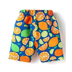 Babyhug Cotton Knit Single Jersey Frill Sleeves Capri Night Suit With Citric Fruits Print - Navy Blue & Green