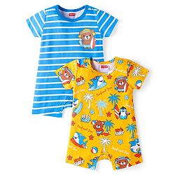 Babyhug Interlock Knit Half Sleeves Rompers With Animal & Beach Theme Print Pack of 2 - Yellow & Blue