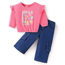Babyhug Terry Knit Full Sleeves Top & Solid Denim Jeans Set With Floral Print & Frill Detailing - Pink & Blue