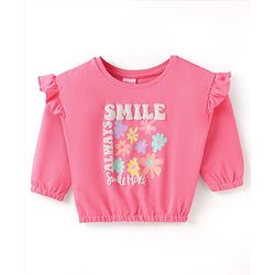 Babyhug Terry Knit Full Sleeves Top & Solid Denim Jeans Set With Floral Print & Frill Detailing - Pink & Blue