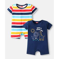 Babyhug 100% Cotton Knit Half Sleeves Rompers with Animal Print & Stripes Pack of 2 - Navy Blue