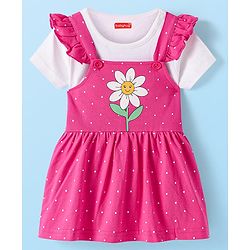 Babyhug 100% Cotton Knit Half Sleeves Solid Colour T-Shirt with Polka Dots & Floral Printed Printed Frock Style Onesie - Dark Pink