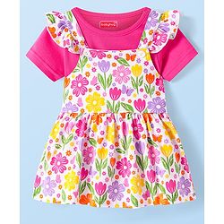 Babyhug 100% Cotton Knit Half Sleeves Solid T-Shirt & Floral Printed Frock Style Onesie - Dark Pink