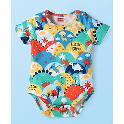 Babyhug 100% Cotton Knit Half Sleeves Dino Printed Onesie - Red Sea Green & Yellow