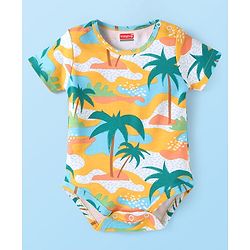 Babyhug 100% Cotton Knit Half Sleeves Beach Theme Printed Onesie - Yellow &  White