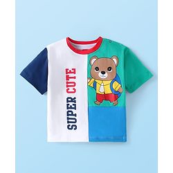 Babyhug Cotton Knit Half Sleeves Cut & Sew T-Shirt with Teddy & Text Print - White Blue