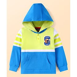 Babyhug Cotton Knit Full Sleeves Hooded T-Shirt with Text Patch & Kangaroo Pockets - Blue & Lime Green