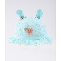 Babyhug Cotton Bucket Hat with Floral & Ear Applique - Light Blue