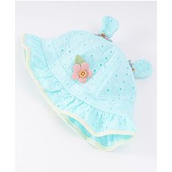 Babyhug Cotton Bucket Hat with Floral & Ear Applique - Light Blue