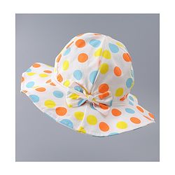 Babyhug Cotton Bucket Hat with Polka Dots Print & Bow Applique  - Light Blue
