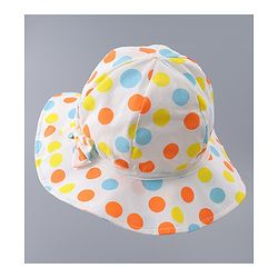Babyhug Cotton Bucket Hat with Polka Dots Print & Bow Applique  - Light Blue