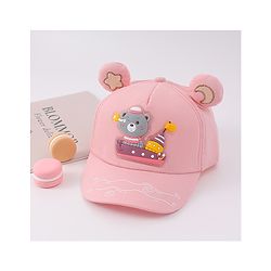 Babyhug Free Size Baseball Cap With Ear Applique & Bear Patch  - Pink