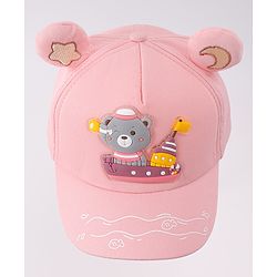 Babyhug Free Size Baseball Cap With Ear Applique & Bear Patch  - Pink