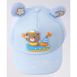 Babyhug Free Size Baseball Cap With Ear Applique & Bear Patch  - Blue