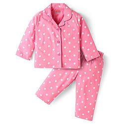 Babyhug Cotton Knit Full Sleeves Co-ords Night Suit with Polka Dots Print - Pink
