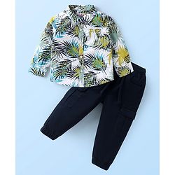 Babyhug Cotton Woven Full Sleeves Tropical Theme Printed Shirt & Joggers Set - Navy Blue & White