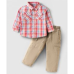 Babyhug Cotton Woven Full Sleeves Checkered Shirt & Solid Trouser Set - Red & Beige