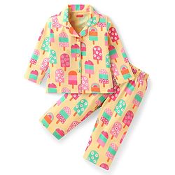 Babyhug Cotton Knit Full Sleeves Front Open Co-ords Night Suit with Popsicle Print - Yellow