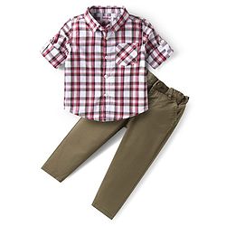 Babyhug Cotton Woven Full Sleeves Checkered Shirt and Trouser Set - Red & Olive