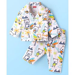 Babyhug Cotton Knit Full Sleeves Night Suit with Beach Theme Print - White