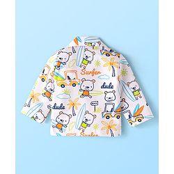 Babyhug Cotton Knit Full Sleeves Night Suit with Beach Theme Print - White
