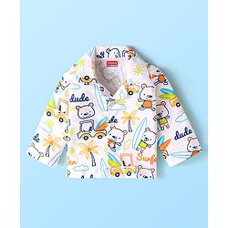 Babyhug Cotton Knit Full Sleeves Night Suit with Beach Theme Print - White